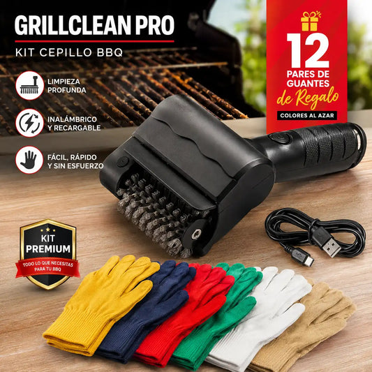GrillClean Pro Kit Cepillo BBQ mas 12 Pares de Guantes
