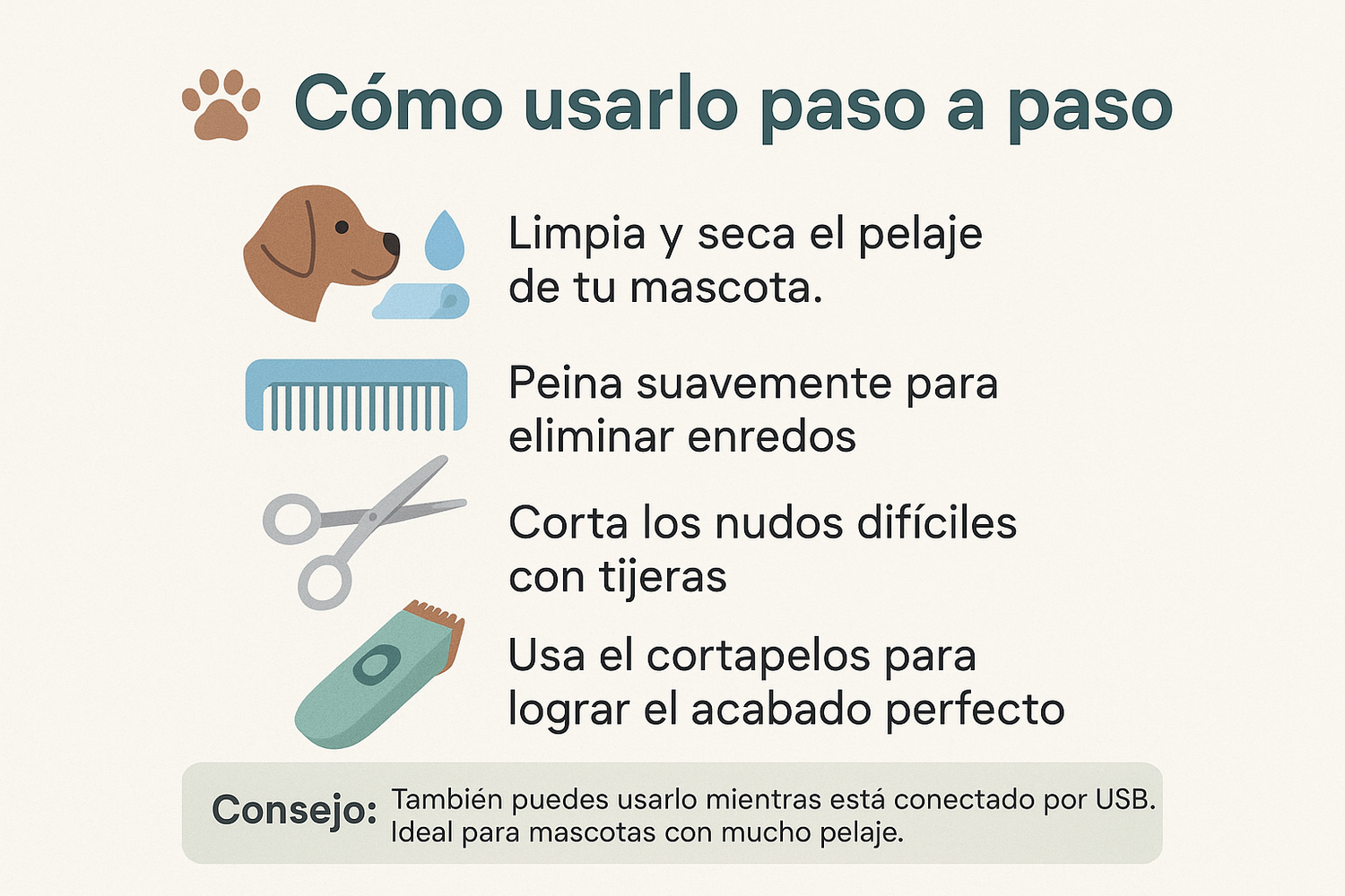 Pone el siguiente texto en una imagen:
🐾 Cómo usarlo paso a paso

Limpia y seca el pelaje de tu mascota.

Peina suavemente para eliminar enredos.

Corta los nudos difíciles con tijeras.

Usa el cortapelos para lograr el acabado perfecto.

Consejo: También puedes usarlo mientras está conectado por USB. Ideal para mascotas con mucho pelaje.